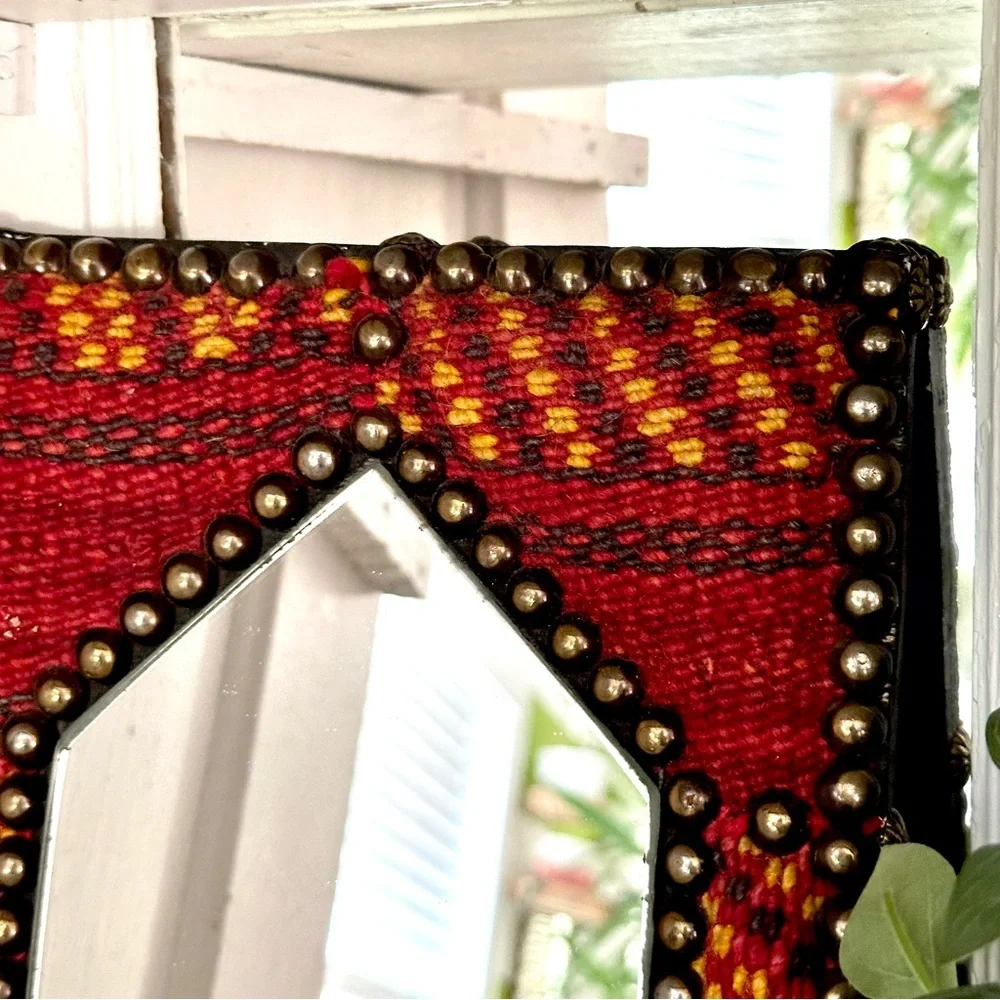 Egyptian Kilim Rug Mirror Studs Vibrant Colors With Carved Metal Red And Gold